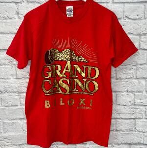 Vintage Grand Casino Biloxi, MS T-Shirt Red Size M Golden Coin Graphic 90s Shiny